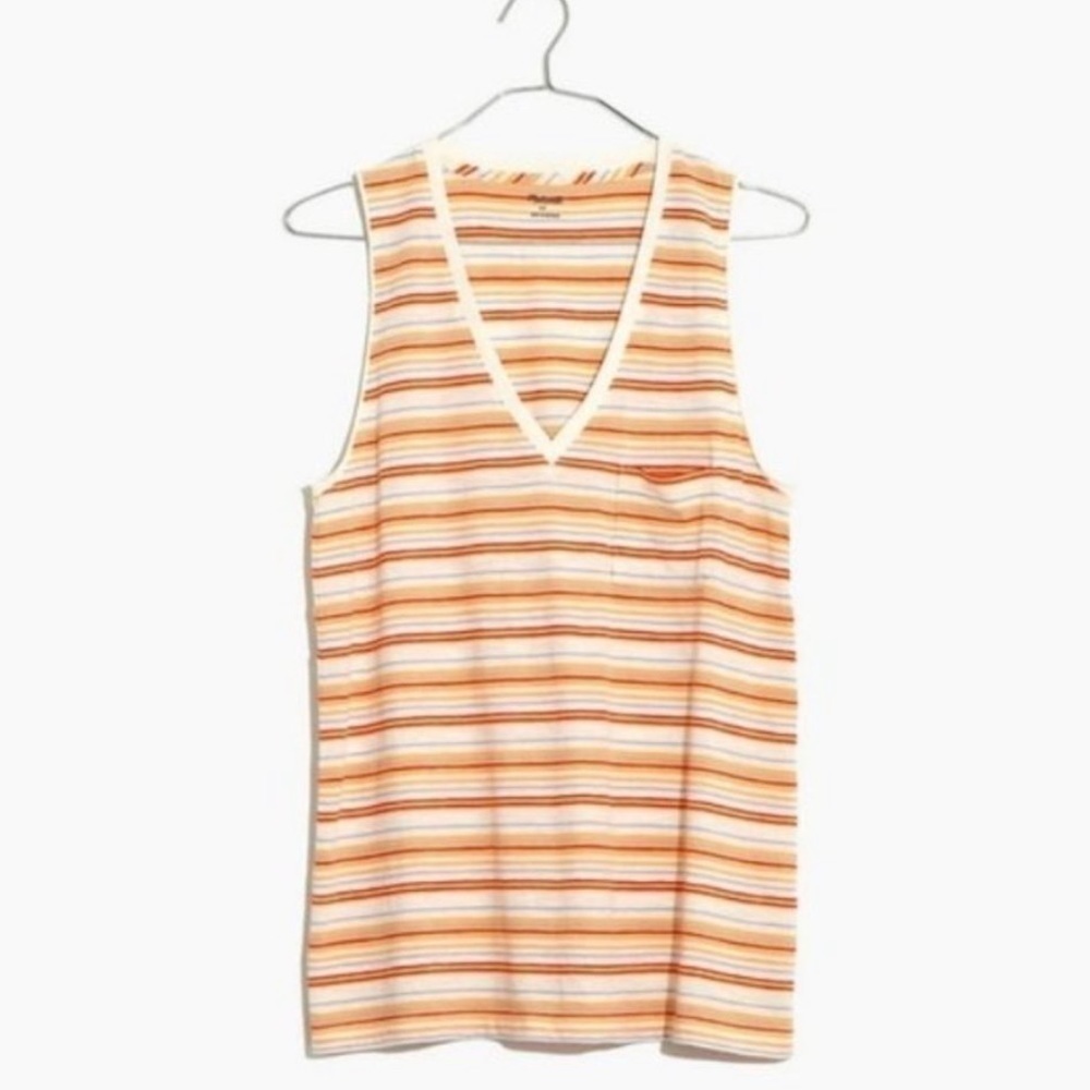 Madewell NWT Whisper Fieldgate Stripe Orange Cotton V-Neck Sleeveless Tee Top M